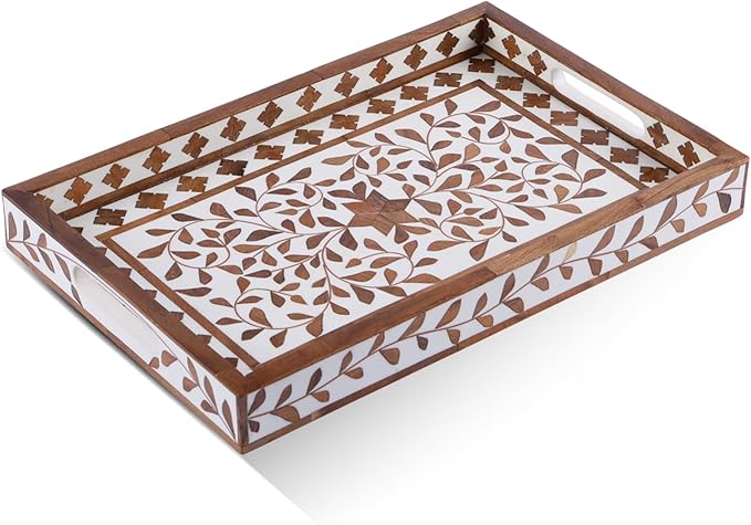Handicrafts Home Alhambra El Plato Decorative Tray, 17”x11” Wood & Resin Inlay Coffee Table Tray with Handles, Handmade Serving Ottoman Tray for Living Room Decor, Boho Farmhouse Home Accent