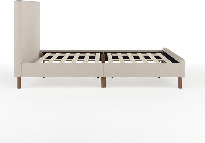Martha Stewart Britta Platform Bed with Headboard & Footboard, Faux Linen Upholstery with Piping Detail, Rounded Headboard, No Box Spring Needed, Full, Beige