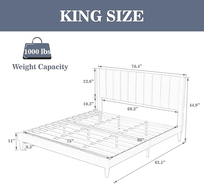 Allewie King Platform Bed Frame/Velvet Upholstered Bed Frame with Vertical Channel Tufted Headboard/Strong Wooden Slats/Mattress Foundation/Box Spring Optional/Easy Assembly/Navy Blue