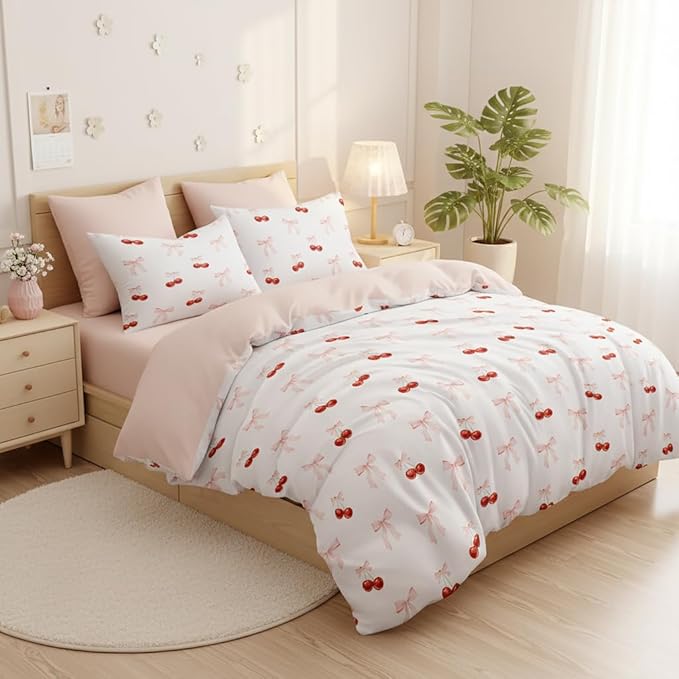 Nayoroom Pink Bow Duvet Cover Full Size Reversible Red Cherry Duvet Cover 3 Pieces Soft Lightweight Microfiber Kids Girls Cute Aesthetic Dorm Bedding Set