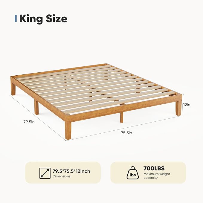 DUMOS King Size Bed Frame, Solid Wood Bed Base with Wood Slat Support, Sturdy, Stylish & Noise-Free Design, No Box Spring Needed, Easy Assembly, 12 in Natural Pine