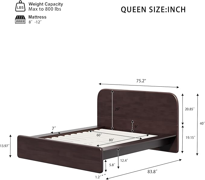 Merax Walnut Queen Size Platform Bed Frame, Modern Minimalist Wood Bed Frame with Rounded Headboard, Heavy Duty 800 lbs Support, No Box Spring Needed