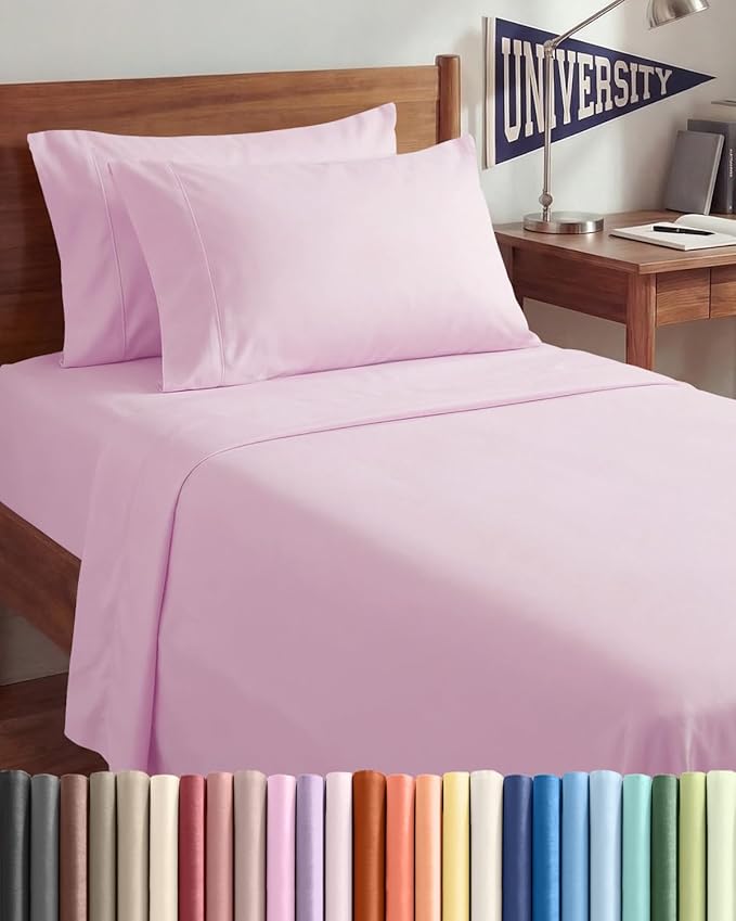 Twin XL 4 Piece Sheet Set - Comfy, Breathable & Cooling - Soft Hotel Luxury Bedding for Women, Men, Kids, Teens and Children - 1 Flat & 1 Fitted Sheet & 2 Pillowcases with Deep Pockets - Light Pink