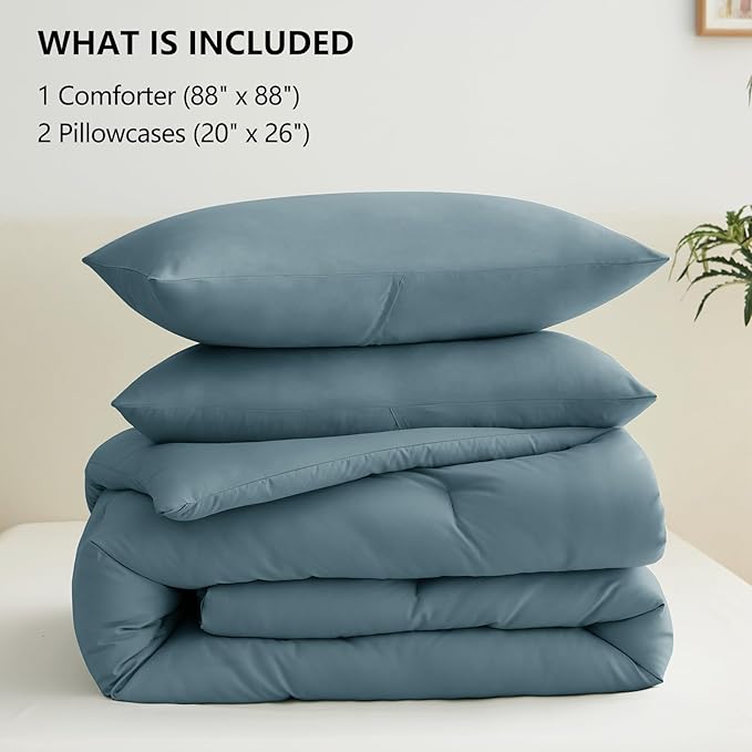 CozyLux Queen Comforter Set Mineral Blue, 3 Pieces Solid Comforters Queen Size Breathable Bedding Sets, Luxury Soft Lightweight Bed Set with Down Alternative Comforter and 2 Pillowcases All Seasons