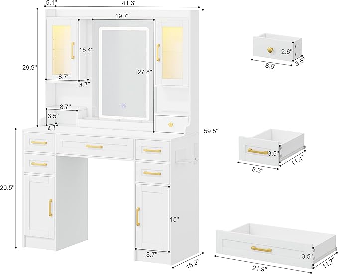 KAMABOKO Vanity Desk with Mirror and Lights, Makeup Vanity Table with Drawers & Shelves, Power Outlet, Dressing Table with Jewelry Storage for Bedroom (043 White)