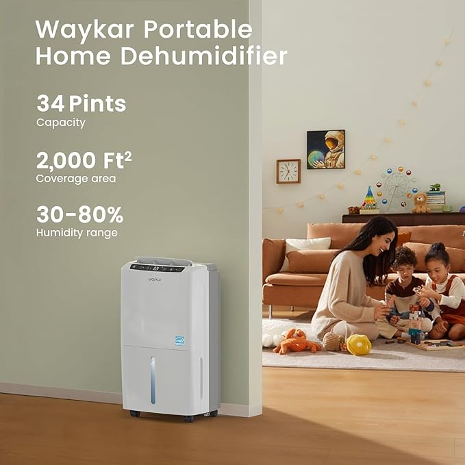 Waykar 2,000 Sq. Ft. 34 Pints 2025 Most Efficient Energy Star Dehumidifier for Basement & Home with Auto or Manual Drainage, Ultra Quiet 33dB, 0.62-Gallon Water Tank