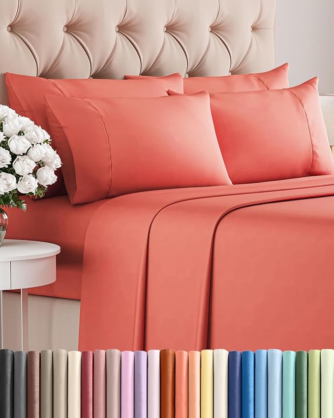 Full 6 Piece Sheet Set - Comfy, Breathable & Cooling - Soft Hotel Luxury Bedding for Women, Men, Kids, Teens & Children - 1 Flat & 1 Fitted Sheet & 4 Pillowcases w/ Deep Pockets - Wrinkle Free - Coral