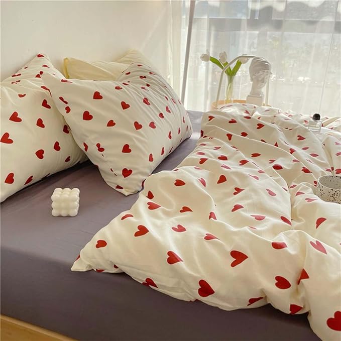 Nayoroom Heart Duvet Cover Full Size Cute Red Love Heart Printed on White Bedding Set 3Pcs Kids Girls Kawaii Heart-Shaped Pattern Comforter Cover with Zipper Closure Soft Breathable Microfiber