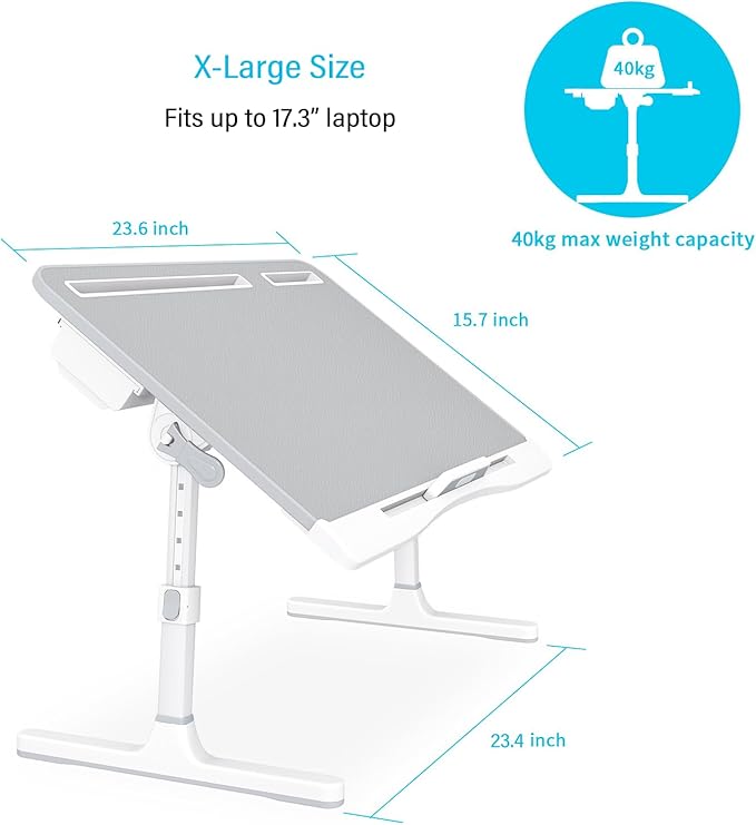 KLEAR Foldable Laptop Bed Tray Desk with Extral Drawstring Bag, Adjustable Bed Table with Heights and Angles, Lap Desk for Eating, Working, Writing, Gaming, Drawing with 2 Drawers(XL, Grey)