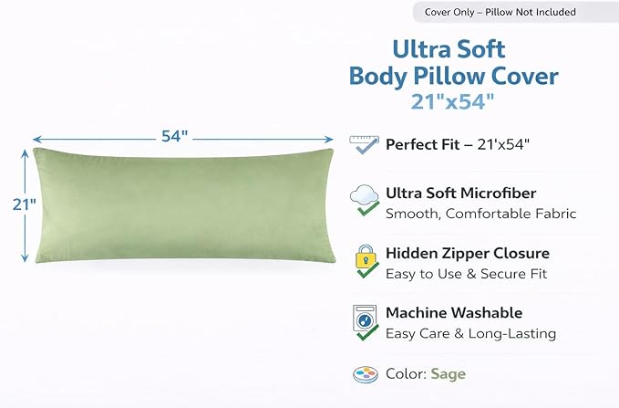 EVOLIVE Body Pillow Cover 21"x54", Ultra Soft Microfiber Pillowcase with Hidden Zipper, Breathable, Machine Washable, for Pregnancy & Side Sleepers, Cover Only (21"x54" Body Pillow Cover, Sage)
