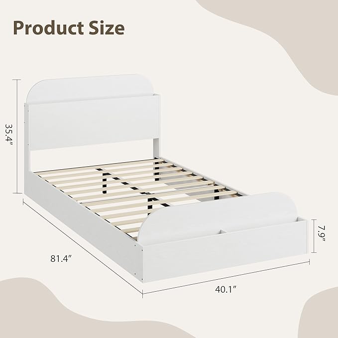 GarveeHome Twin Size Bed Frame, Wooden Beds with Storage Headboard and Raised-Foodboard for Kid, Twin-Floor Low Platform Bed for Bedroom, Sturdy Wooden Slats Support, No Box Spring Needed, White