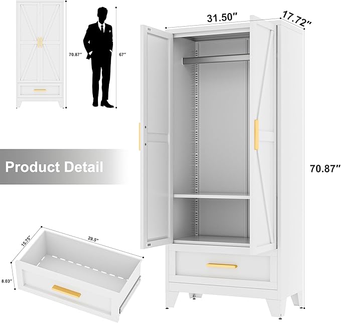 Baborokic Metal Wardrobe Cabinet,71 Armoire Wardrobe Closet with Drawers and Hanging Rod,Metal Armoire with Adjustable Shelves for Closet,Bedroom,Farmhouse Storage Cabinet with Drawer(White)