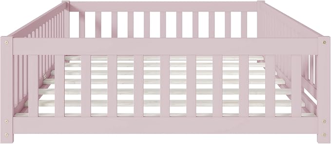 Bellemave Full Size Montessori Floor Bed Frame with Rails & Door, Solid Wood Kids Floor Bed Full with Removable Slats, Low Profile Montessori Bed for Children’s Sleep & Play, Pink