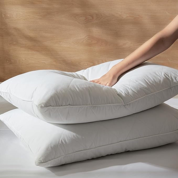 Three Geese White Goose Feather Cotton Pillows Standard Size Set of 2- Soft 600 Thread Count 100% Cotton, Medium Firm,Soft Support Surround Fill Cotton (Standard Size:Pack of 2)