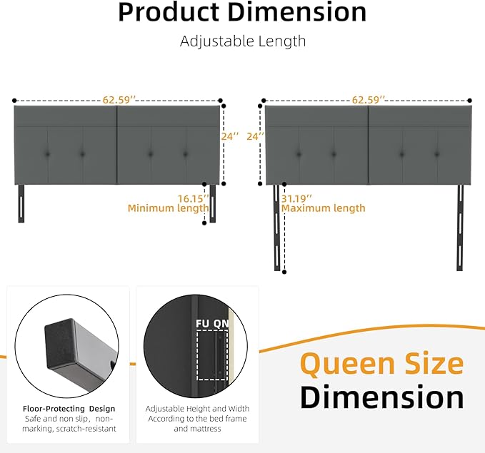 Queen Headboard Only with Adjustable Metal Legs, Faux Leather Upholstered Headboard Queen Size, Modern Stylish Headboard with Sunken Dot Design, Sturdy Bed Headboard for Bedroom, Gray