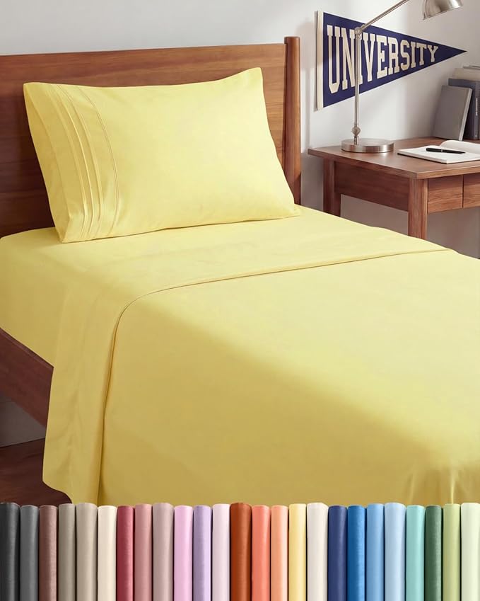 Twin XL Size 3 Piece Sheet Set - Comfy Breathable & Cooling Sheets - Hotel Luxury Bed Sheets for Women & Men - Deep Pockets, Easy-Fit, Extra Soft & Wrinkle Free Sheets - Yellow Oeko-Tex Bed Sheet Set