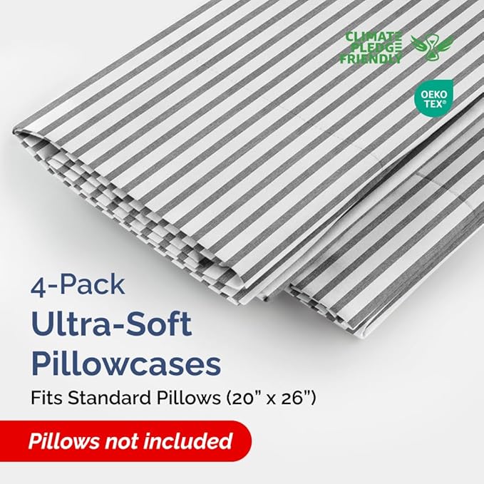 Standard Pillow Cases Set of 4 - Soft Hotel Quality Pillowcase Covers - Comfy, Cozy Bedding for Women, Men, Kids & Teens - Machine Washable Pillow Protectors - 4 Piece - Standard Size Grey Stripes