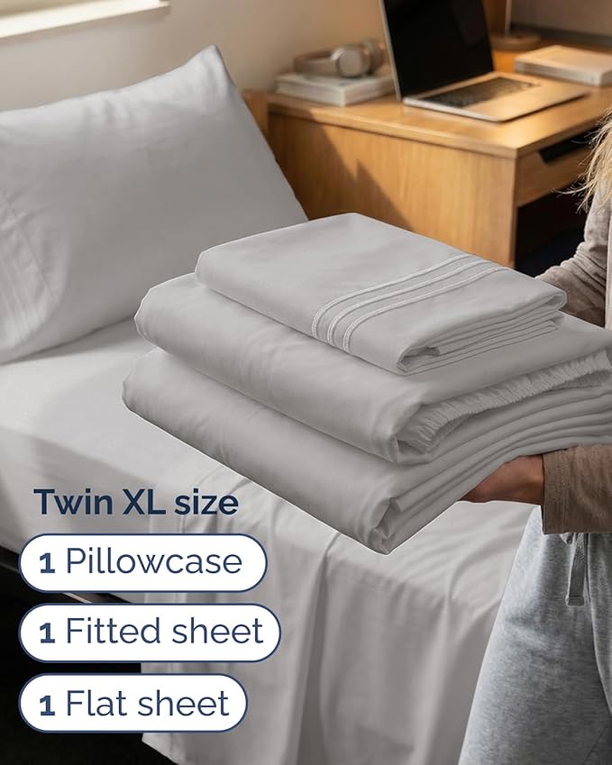 Twin XL Size 3 Piece Sheet Set - Comfy Breathable & Cooling Sheets - Hotel Luxury Bed Sheets for Women & Men - Deep Pockets, Easy-Fit, Soft & Wrinkle Free Sheets - French Grey Oeko-Tex Bed Sheet Set