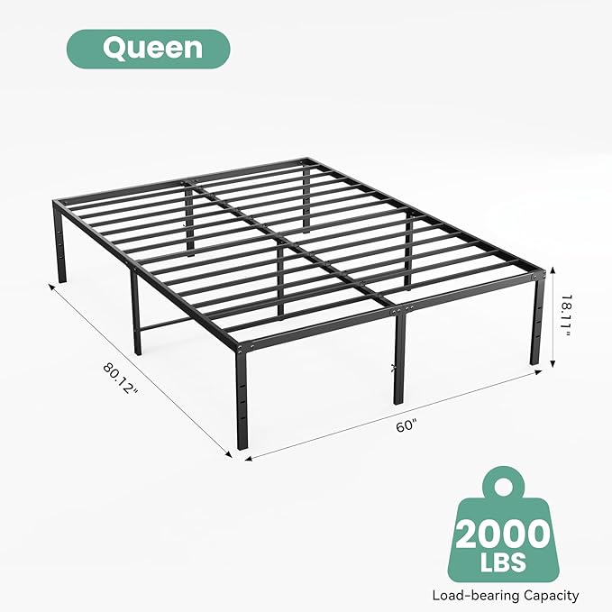 Sweetcrispy Queen Size 18 Inch Platform Bed Frame, Heavy Duty Metal Foundation Frame, Noise-Free Sturdy Steel Slats, Underbed Storage, No Box Spring Needed, Quick Setup