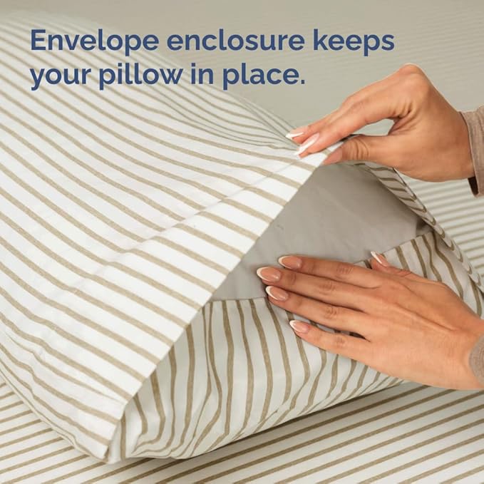 Standard Pillow Cases Set of 4 - Soft Hotel Quality Pillowcase Covers - Comfy, Cozy Bedding for Women, Men, Kids & Teens - Machine Washable Pillow Protectors - 4 Piece - Standard Size Beige Stripes