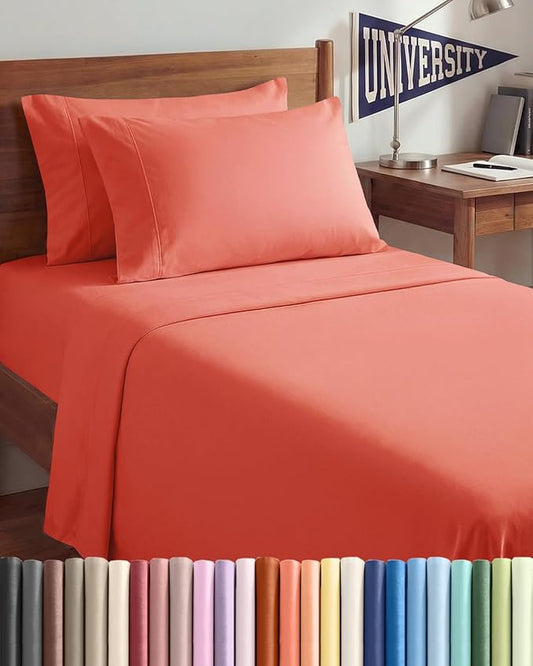 Twin XL 4 Piece Sheet Set - Comfy, Breathable & Cooling - Hotel Luxury Bedding for Women, Men, Kids, Teens and Children - 1 Flat & 1 Fitted Sheet & 2 Pillowcases w/ Deep Pockets - Wrinkle Free - Coral