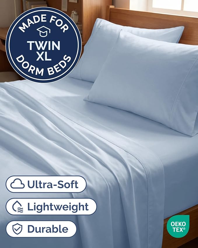 Twin XL 4 Piece Sheet Set - Comfy Breathable & Cooling - Hotel Luxury Bedding for Women, Men, Kids, Teens & Children - 1 Flat & 1 Fitted Sheet & 2 Pillowcases w/ Deep Pockets - Wrinkle Free - Sky Blue