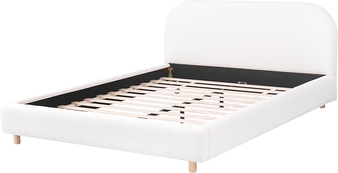Merax Queen Size Teddy Fleece Thick Fabric Upholstered Platform Bed with Curved Shaped Headboard, Wood Bed Frame with Solid Round Legs for Kids Teens Adults, White