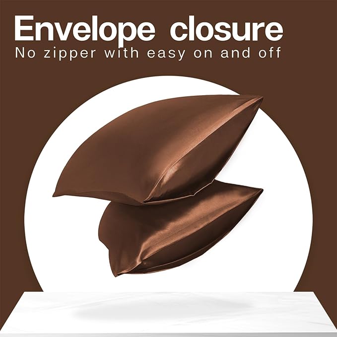 MR&HM Satin Pillowcase for Hair and Skin, Silk Satin Pillowcase 2 Pack, King Size Pillow Cases Set of 2, Silky Pillow Cover with Envelope Closure (20x40, Brown)