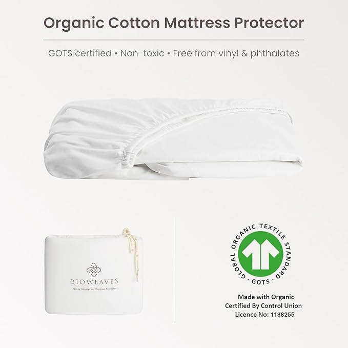 Bioweaves Organic Cotton Jersey Waterproof Crib Mattress Protector | 28" x 52" | GOTS Certified Mattress Cover with Jersey Cotton Skirt, Breathable & Noiseless Top Layer - 9 Inch Deep Pocket, White
