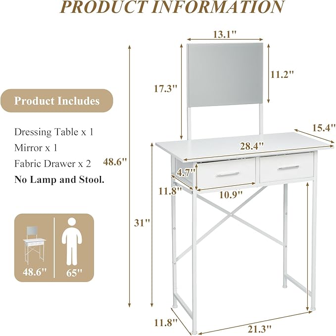 Jakyitvi Small Vanity Desk with Mirror and Drawers, White Makeup Vanity Table with Storage, Compact Vanity for Bedroom, Modern Makeup Desk for Girls, Space-Saving Vanity Table