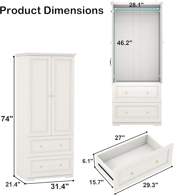 Bedroom Armoires Wardrobe Closet with 2 Doors: 74" White Wardrobe Cabinet with 2 Drawers, Modern Wood Closet for Hanging Clothes, Large Wardrobes Storage Closets (White, 31.4")