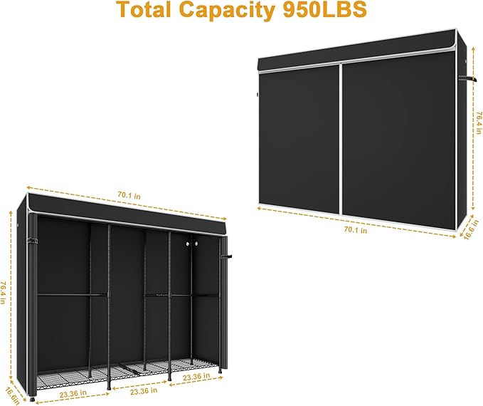 ULIFHOME E14C Pro Heavy Duty Closet Organizer System，Freestanding Clothing Racks for Hanging Clothes，Adjustable Garment Rack 70.1"W × 16.6"D × 76.4"H Hold 960 lbs，Black Rack with Black Dustproof Cover