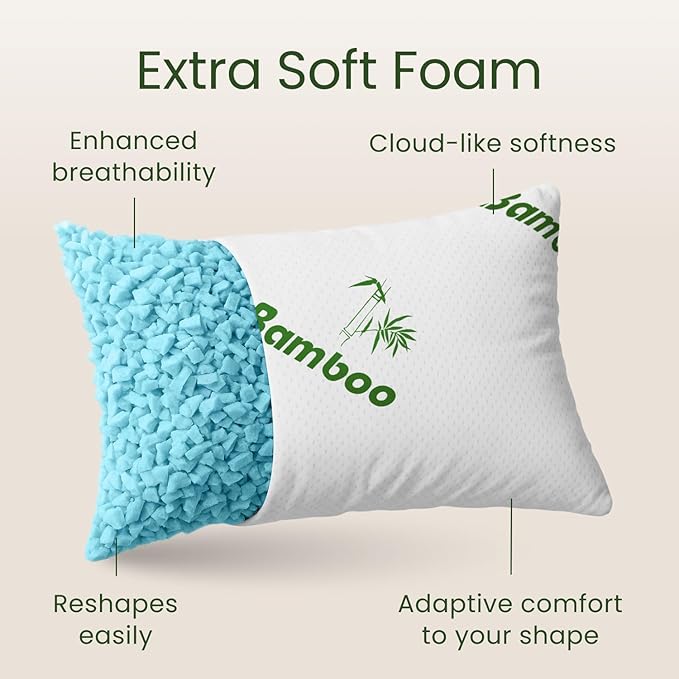 Memory Foam Pillows Queen Size Set of 2 - Cooling Bed Pillows for Sleeping - Back, Stomach, Side Sleeper Soft, Comfy Cool Shredded - 2 Pack, Rayon Derived from Bamboo