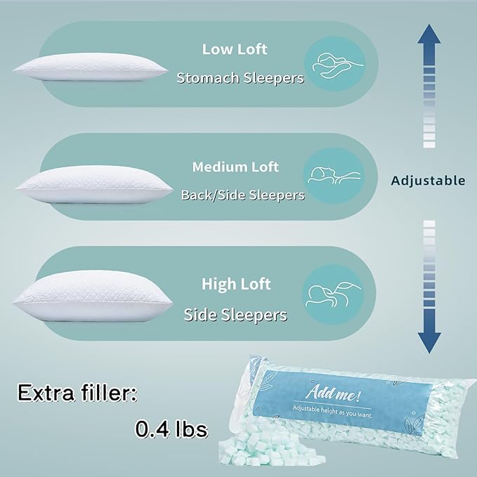 Rainmr Memory Foam Pillows Queen Size Set of 2 - Adjustable Bed Pillows for Side Back Stomach Sleepers - with Washable Cooling Pillowcase (White, Queen 2-Pack)