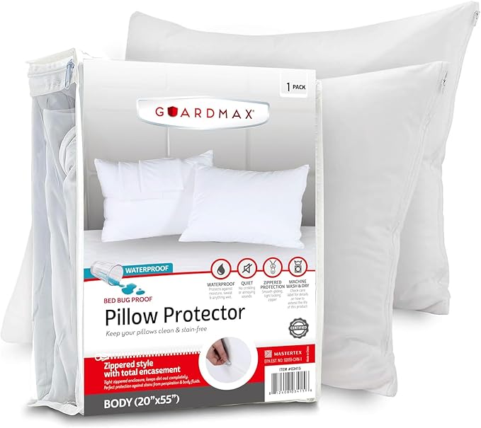 Guardmax Jersey Knitted Pillow Protector with Zipper Body Size - 100% Waterproof, Bed Bug Proof, Dust Mite Proof, & Hypoallergenic Pillow Covers - Premium Zippered Pillow Cases. (20 X 55)
