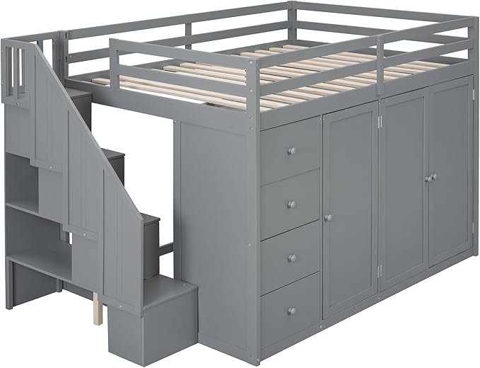 LUMISOL Full Size Loft Bed with Built-in Wardrobes and Drawers, Wood Loft Bed with Storage Stairs and Cabinet, Wood Loft Bed with Multiple Storage, Gray