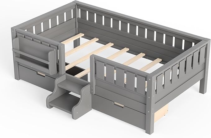 Bellemave Twin Size Kids Montessori Bed with Stairs and Bookshelf,Solid Wood Twin Size Kids Bed Frame with Drawers and Storage for Girls Boys,Low-Profile,Gray