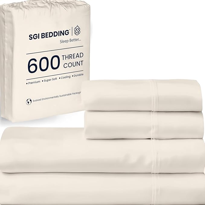 SGI bedding 600 Thread Count 100% Egyptian Cotton Queen Sheet Set Ivory – Luxury 4-Piece Super Soft Bed Sheets, Breathable Hotel-Quality Bedding, 15” Deep Fitted, Cooling, Durable & Non-Pilling