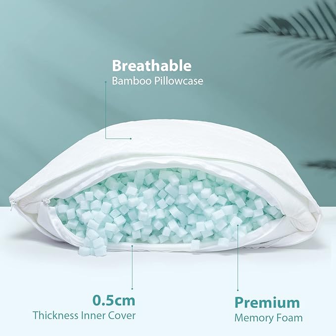 Rainmr Shredded Memory Foam Pillows for Sleeping, Adjustable Pillows King Size Set of 2, Good for Side, Back Sleeper with Washable Cooling Cover (White, King 2-Pack)