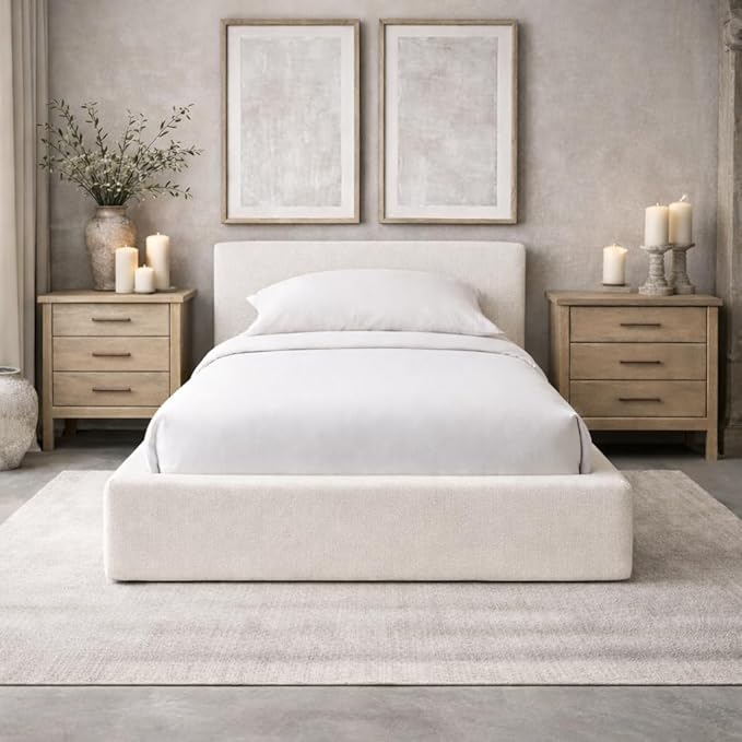 Square Bed – Washable Cover - Soft Upholstered Linen - Minimalist Modern - Sold Separately (Waterproof White Linen, Twin Headboard)