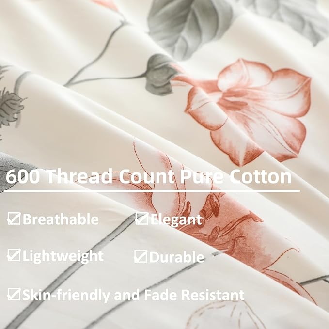 OAITE Duvet Cover Set Queen Size Floral Pattern 600 Thread Count Ultra Soft 100% Long Staple Cotton Duvet Cover Sets 3-PC, Breathable Duvet Cover with Zipper Closure & Corner Ties
