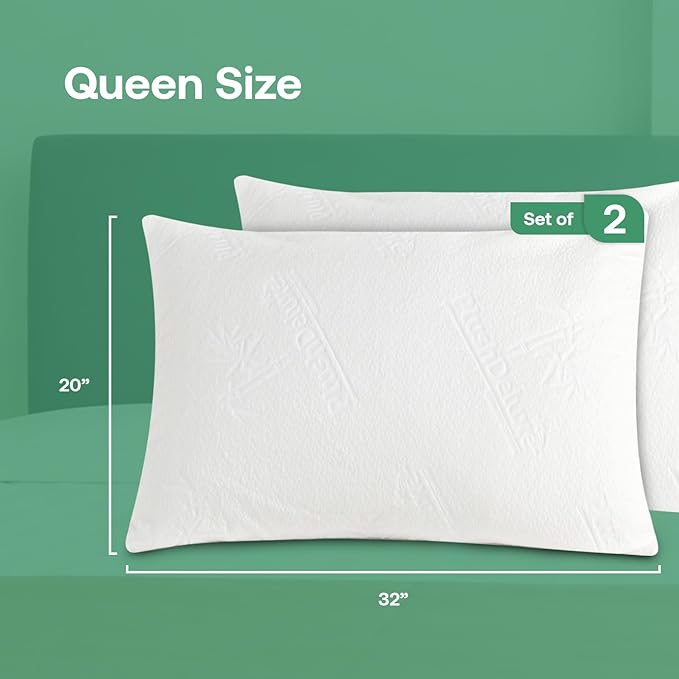 Premium Waterproof Pillow Protector Covers - Viscose Made from Bamboo – Allergy, Dust, and Mite Proof Zippered Pillowcase, Set of 2 Queen Size
