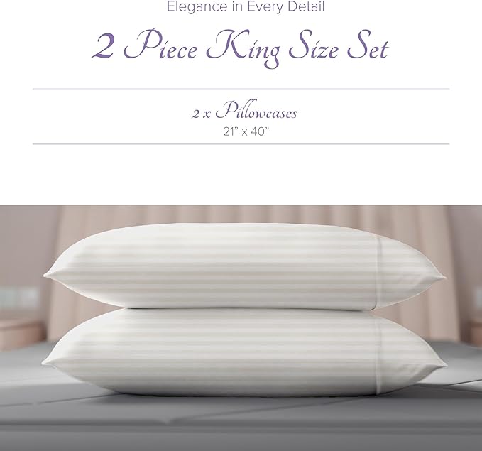 Carressa Linen 100% Egyptian Cotton King Size Pillow Cases Set of 2 - Luxury 600 Series Hydrangeas Collection Damask King Pillowcases (Ivory Stripe), Soft, Cooling Breathable Sateen Hotel Quality