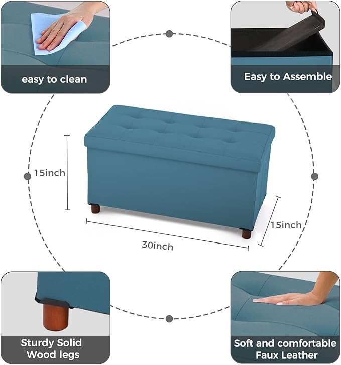 Dorriss Ottoman Storage Bench for Living Room Storage Ottoman with Tray Bedroom Foot Stool Storage Ottomans Coffee Table Lid Storage Footstool with Legs end of Bed Faxu Leather 30" Inch (D-Blue)