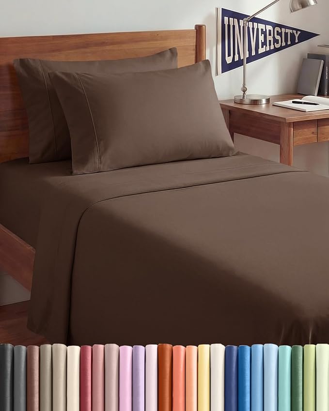 Twin XL 4 Piece Sheet Set - Comfy, Breathable & Cooling - Hotel Luxury Bedding for Women, Men, Kids, Teens and Children - 1 Flat & 1 Fitted Sheet & 2 Pillowcases w/ Deep Pockets - Wrinkle Free - Brown