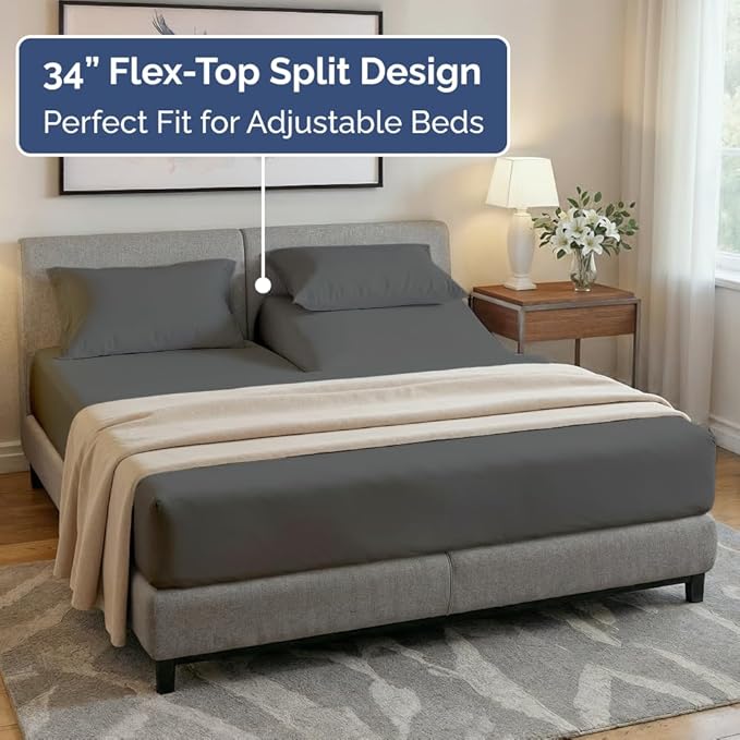 Flex Top Split Head King 4 Piece Sheet Set - Soft, Breathable & Cooling Bed Sheets Set - Hotel Luxury Bedding for Women & Men with Deep Pockets - Wrinkle Free & Fade Resistant - Oeko-Tex - Charcoal