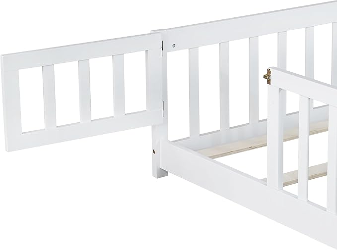 Bellemave Full Size Montessori Floor Bed Frame with Rails & Door, Solid Wood Kids Floor Bed Full with Removable Slats, Low Profile Montessori Bed for Children’s Sleep & Play, White