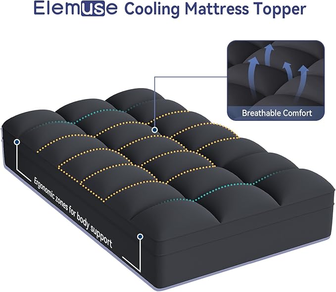 ELEMUSE Twin XL Black Mattress Topper for Dorm Bed, College Dorm Room Essentials for Girls&Guys, Soft Comfortable Bed Upgrade for Back to School, Apartment&Rental Use