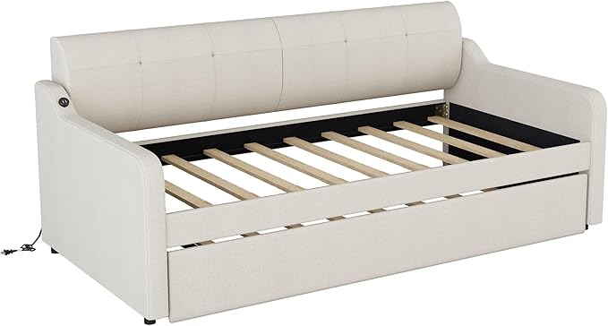 Daybed with Trundle and USB Charging Design, Twin Size Upholstery Day Bed Frame, Trundle can be Flat or erected,Beige