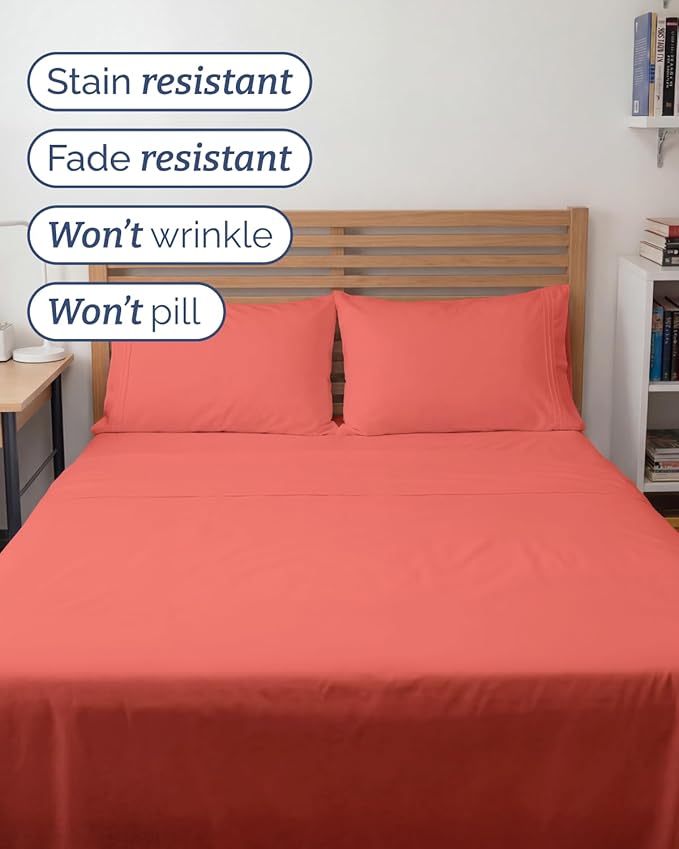 Full XL Bed Sheet - 4 Piece Full XL Bed Sheets Set - Ultra-Soft, Comfy, Breathable & Cooling - Hotel Luxury Bedding for Women & Men with Deep Pockets - Wrinkle Free & Fade Resistant - Oeko-Tex - Coral